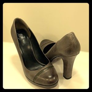 Gray leather round toe platform Cole Haan pumps